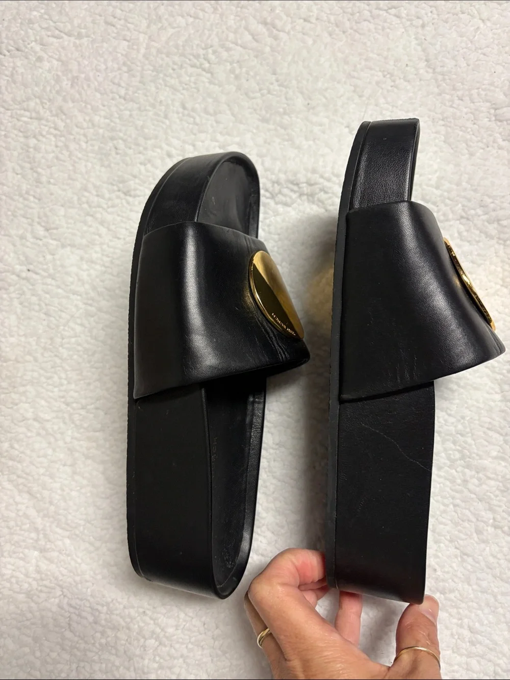 Tory Burch size 7 Black Leather Slide Sandals with Gold circle - scuffed